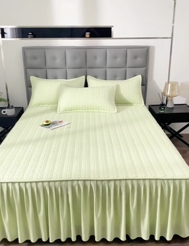 91家纺网 家纺一手货源 找家纺 鑫钰 2024新款10mm加厚天丝乳胶凉席床裙款 床裙款-清新绿