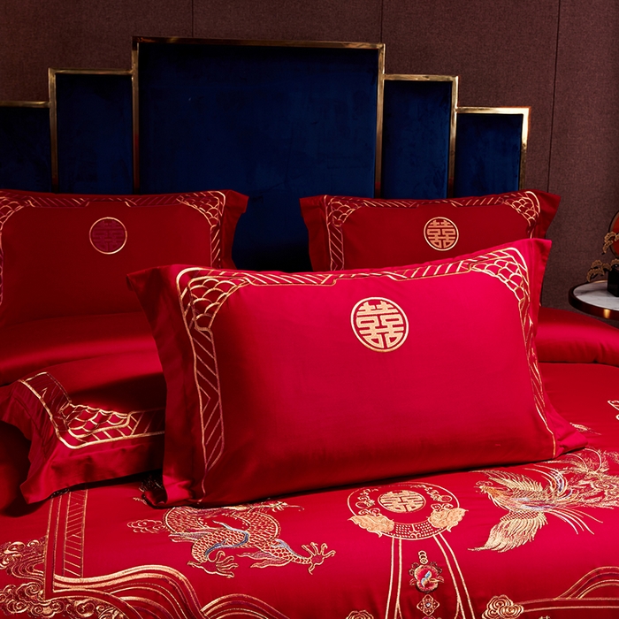 91家纺网 家纺一手货源 找家纺 晶缦家纺 2024纯棉全棉60支贡缎长绒棉刺绣花婚庆四件套--绣花贴边床单款 龙凤祥和