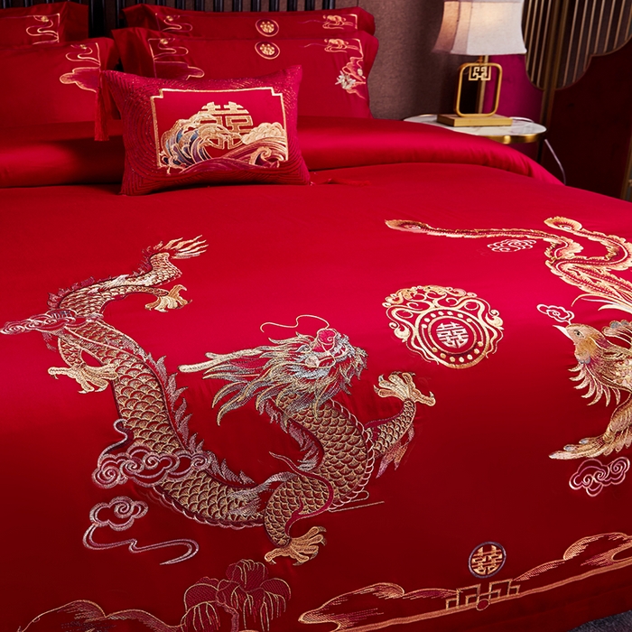 91家纺网 家纺一手货源 找家纺 晶缦家纺 2024纯棉全棉60支贡缎长绒棉刺绣花婚庆四件套--绣花贴边床单款 龙跃凤鸣