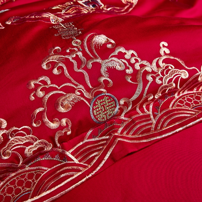 91家纺网 家纺一手货源 找家纺 晶缦家纺 2024纯棉全棉60支贡缎长绒棉刺绣花婚庆四件套--绣花贴边床单款 龙凤呈祥