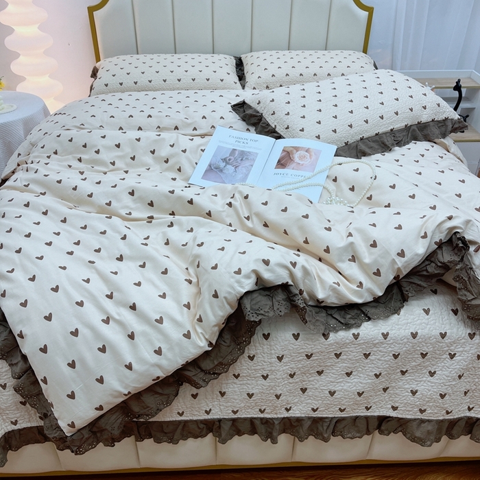 91家纺网 家纺一手货源 找家纺 暖居 2024新款砂洗棉花被套全棉床盖四件套绗缝夹棉纯棉床盖三件套 爱心卡