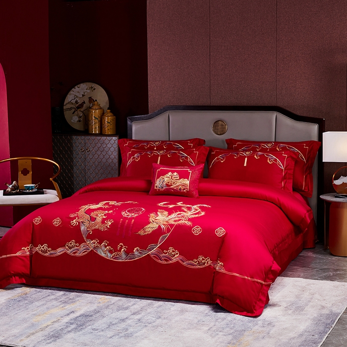 91家纺网 家纺一手货源 找家纺 晶缦家纺 2024纯棉全棉60支贡缎长绒棉刺绣花婚庆四件套--绣花贴边床单款 锦绣龙凤
