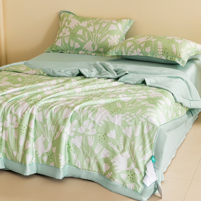 91家纺网 家纺一手货源 找家纺 2024新A类40S天丝莫代尔夏被四件套竹纤维凉感空调被卡通儿童夏凉被被子被芯摩卡猫-绿