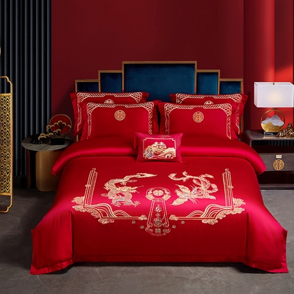 91家纺网 家纺一手货源 找家纺 晶缦家纺 2024纯棉全棉60支贡缎长绒棉刺绣花婚庆四件套--绣花贴边床单款 龙凤祥和