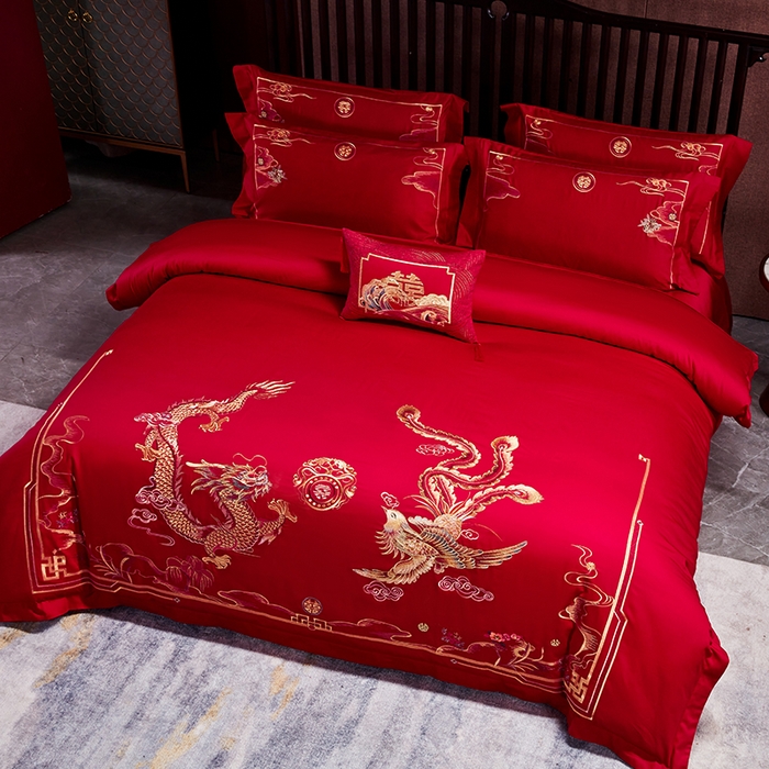 91家纺网 家纺一手货源 找家纺 晶缦家纺 2024纯棉全棉60支贡缎长绒棉刺绣花婚庆四件套--绣花贴边床单款 龙跃凤鸣