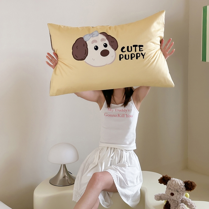 91家纺网 家纺一手货源 找家纺 昔可 2024新款大版数码印花单枕套 奶油小狗