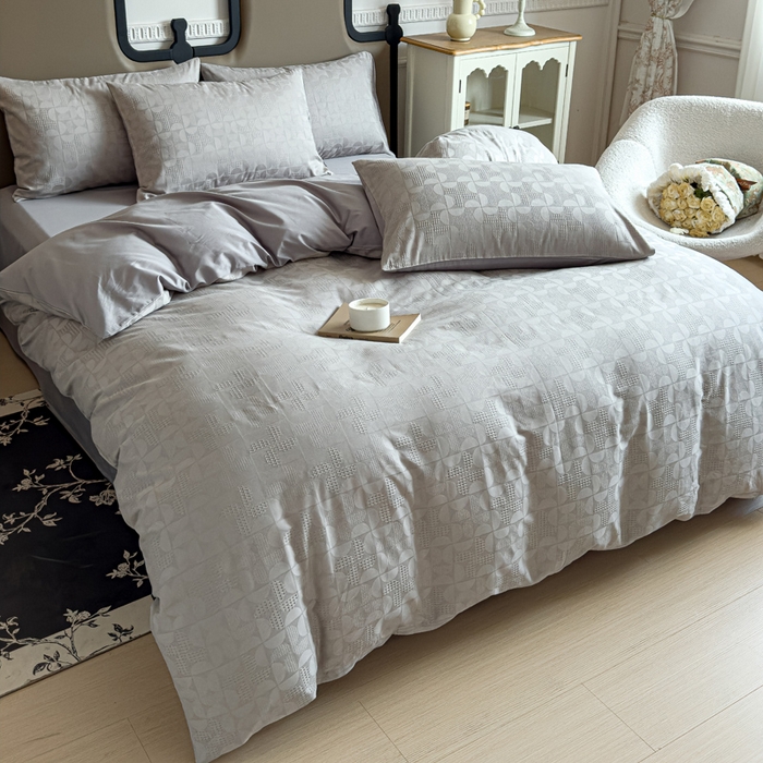 91家纺网 家纺一手货源 找家纺 金丝鸟家纺 2024新款棉水洗棉纯色提花四件套 风车 灰