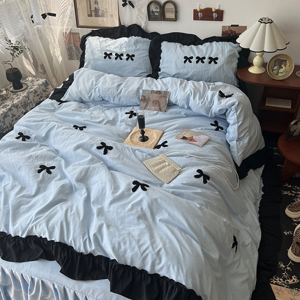 原素 2024新款赫本系列法式花边水洗棉四件套 法式奶蓝