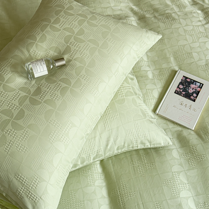 91家纺网 家纺一手货源 找家纺 金丝鸟家纺 2024新款棉水洗棉纯色提花四件套 风车 绿