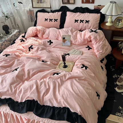 91家纺网 家纺一手货源 找家纺 原素 2024新款赫本系列法式花边水洗棉四件套 法式粉玉