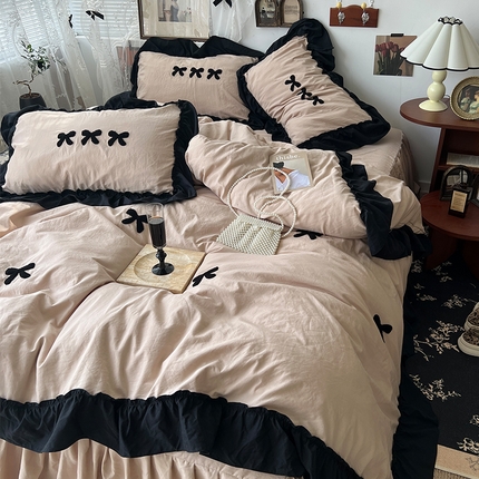 原素 2024新款赫本系列法式花边水洗棉四件套 法式奶茶