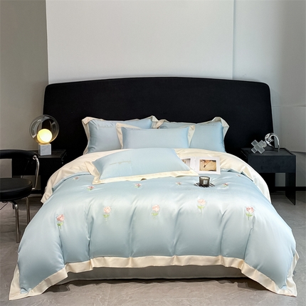 91家纺网 家纺一手货源 找家纺 笙意家纺 2025新款水洗冰丝刺绣四件套-花卉系列 手捧花-梵星蓝+奶昔白