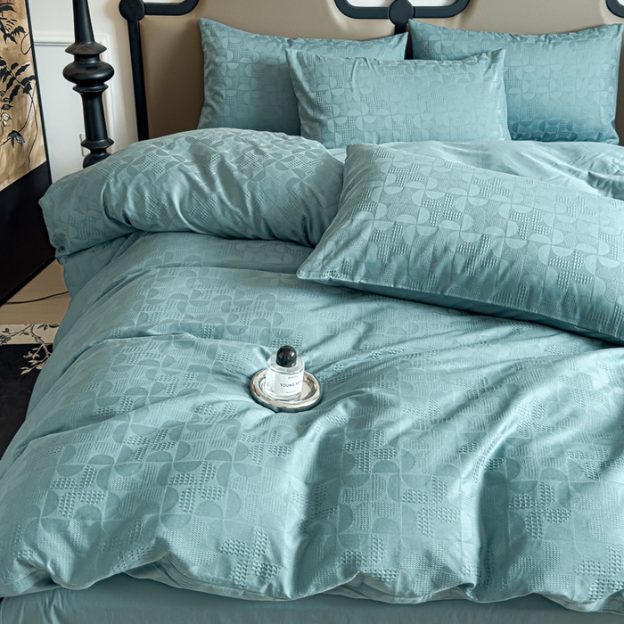 91家纺网 家纺一手货源 找家纺 金丝鸟家纺 2024新款棉水洗棉纯色提花四件套 风车 青石兰