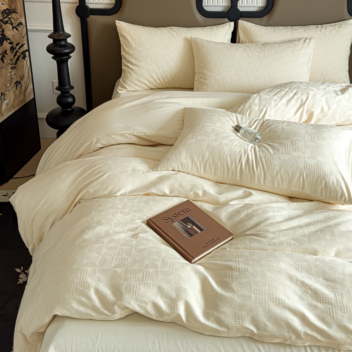 91家纺网 家纺一手货源 找家纺 金丝鸟家纺 2024新款棉水洗棉纯色提花四件套 风车 白