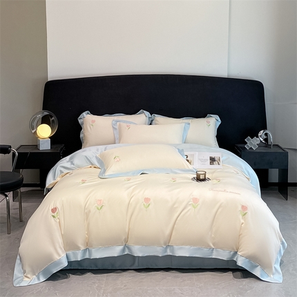 91家纺网 家纺一手货源 找家纺 笙意家纺 2025新款水洗冰丝刺绣四件套-花卉系列 郁金香-奶昔白+天空蓝