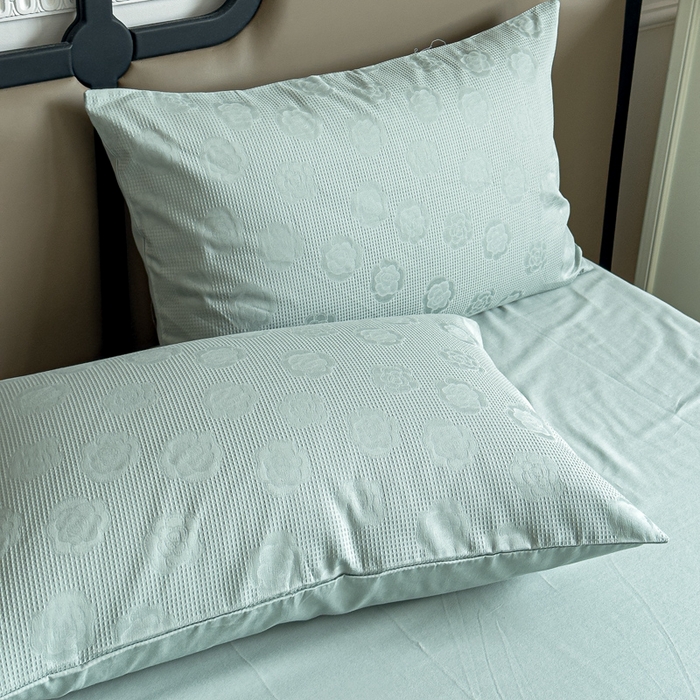 91家纺网 家纺一手货源 找家纺 金丝鸟家纺 2024新款棉水洗棉纯色提花四件套 山茶花 青石兰