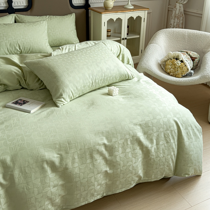 91家纺网 家纺一手货源 找家纺 金丝鸟家纺 2024新款棉水洗棉纯色提花四件套 风车 绿