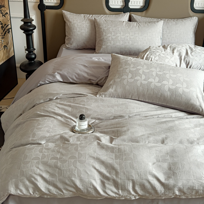 91家纺网 家纺一手货源 找家纺 金丝鸟家纺 2024新款棉水洗棉纯色提花四件套 风车 灰