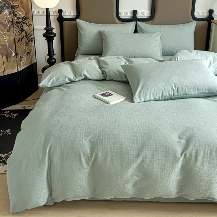 91家纺网 家纺一手货源 找家纺 金丝鸟家纺 2024新款棉水洗棉纯色提花四件套 山茶花 青石兰