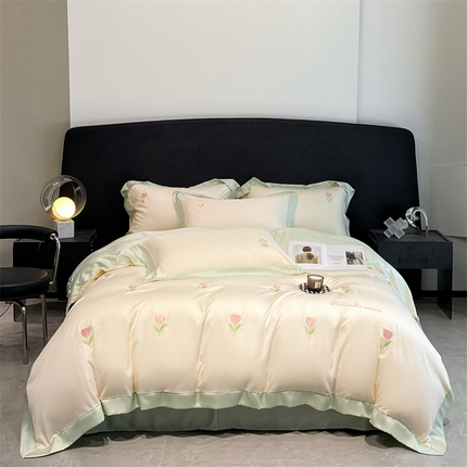 91家纺网 家纺一手货源 找家纺 笙意家纺 2025新款水洗冰丝刺绣四件套-花卉系列 郁金香-奶昔白+水果清香