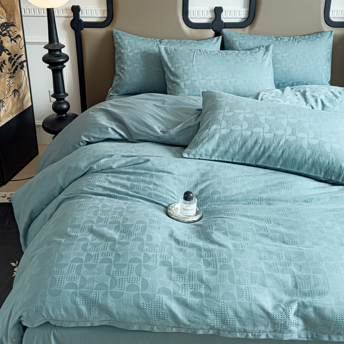 91家纺网 家纺一手货源 找家纺 金丝鸟家纺 2024新款棉水洗棉纯色提花四件套 风车 青石兰