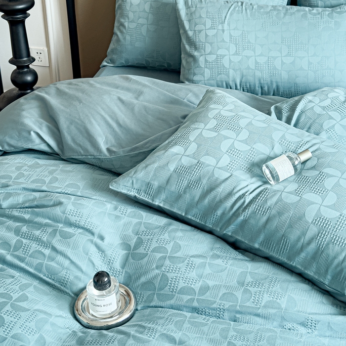 91家纺网 家纺一手货源 找家纺 金丝鸟家纺 2024新款棉水洗棉纯色提花四件套 风车 青石兰