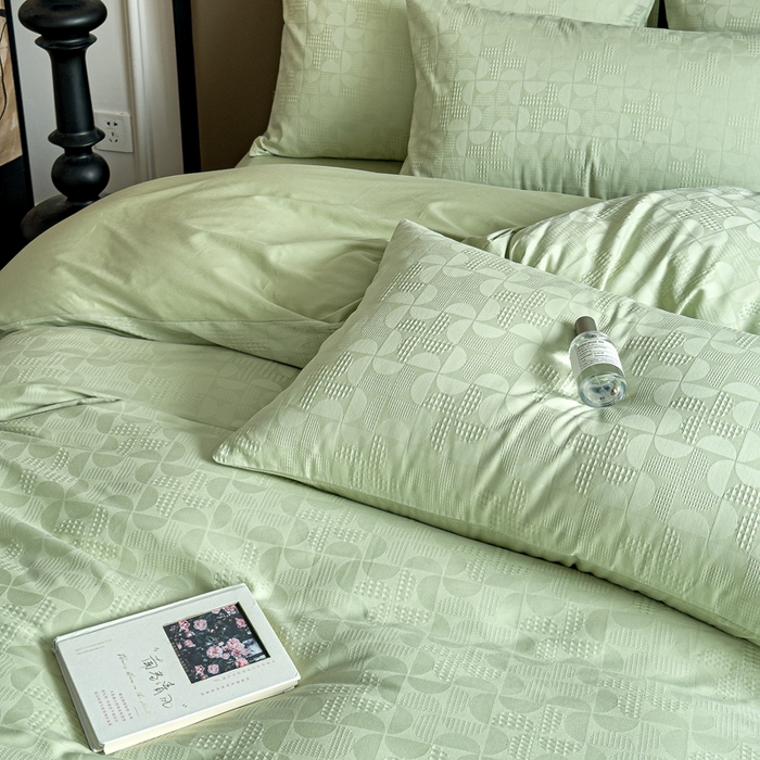 91家纺网 家纺一手货源 找家纺 金丝鸟家纺 2024新款棉水洗棉纯色提花四件套 风车 绿