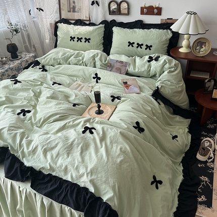 91家纺网 家纺一手货源 找家纺 原素 2024新款赫本系列法式花边水洗棉四件套 法式奶绿