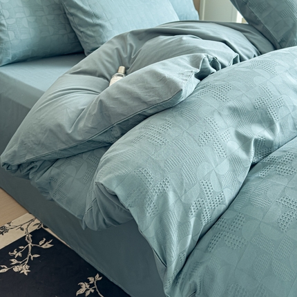 金丝鸟家纺 2024新款棉水洗棉纯色提花四件套 风车 青石兰