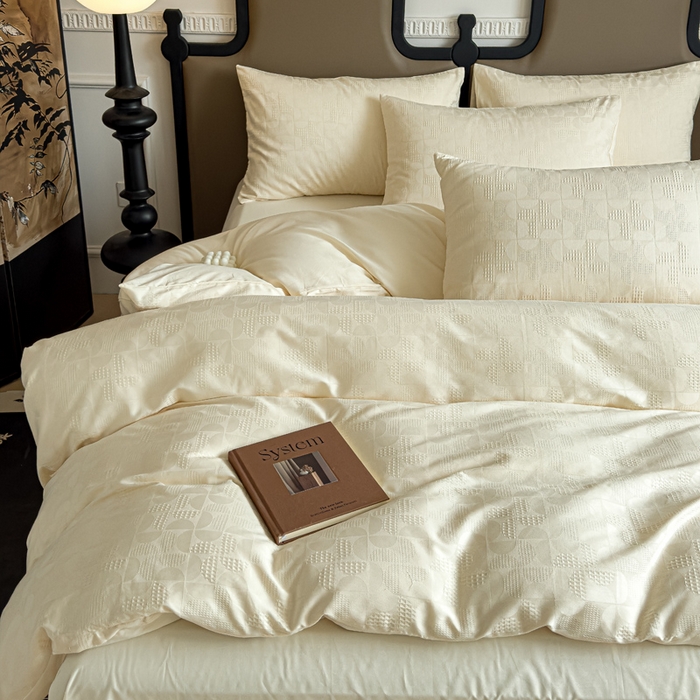 91家纺网 家纺一手货源 找家纺 金丝鸟家纺 2024新款棉水洗棉纯色提花四件套 风车 白