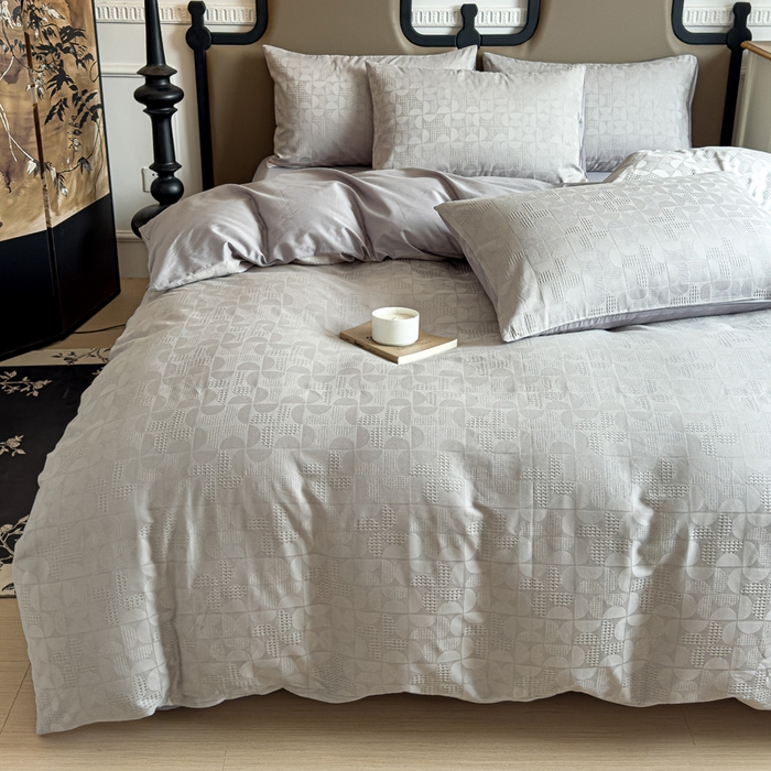 91家纺网 家纺一手货源 找家纺 金丝鸟家纺 2024新款棉水洗棉纯色提花四件套 风车 灰