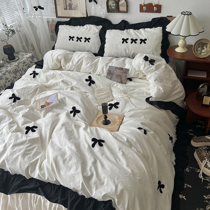 91家纺网 家纺一手货源 找家纺 原素 2024新款赫本系列法式花边水洗棉四件套 法式奶白