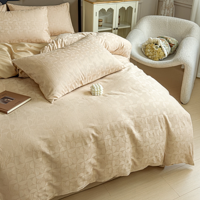 91家纺网 家纺一手货源 找家纺 金丝鸟家纺 2024新款棉水洗棉纯色提花四件套 风车 驼