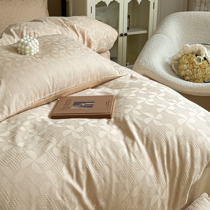 91家纺网 家纺一手货源 找家纺 金丝鸟家纺 2024新款棉水洗棉纯色提花四件套 风车 驼