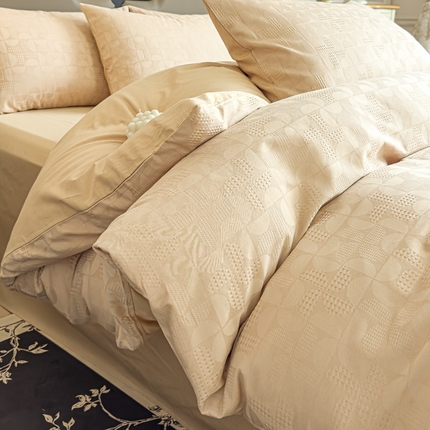 金丝鸟家纺 2024新款棉水洗棉纯色提花四件套 风车 驼