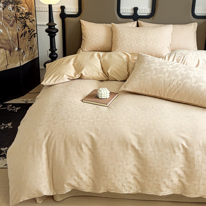 91家纺网 家纺一手货源 找家纺 金丝鸟家纺 2024新款棉水洗棉纯色提花四件套 风车 驼