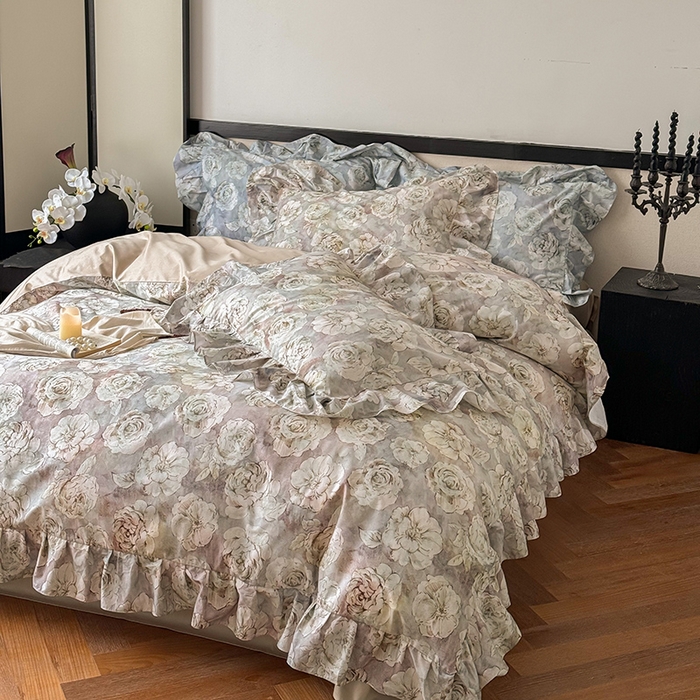 91家纺网 家纺一手货源 找家纺 窝米 2024春夏13376法式复古大花边数码款四件套系列 芙朵-粉