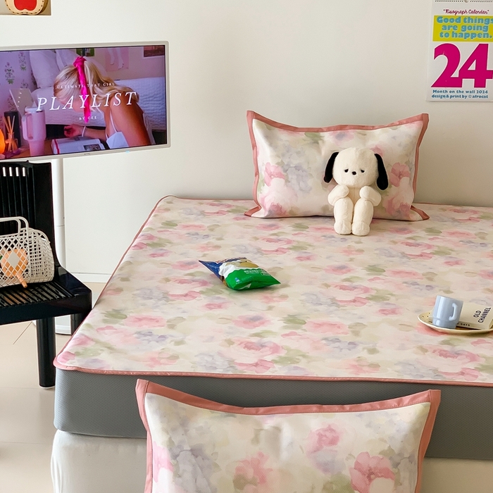 91家纺网 家纺一手货源 找家纺 昔可家纺 2024新款冰藤席床笠款--简约系列 彩色水彩花