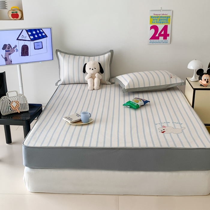 91家纺网 家纺一手货源 找家纺 昔可家纺 2024新款大版数码印花冰藤席床笠款 樱桃萌宠