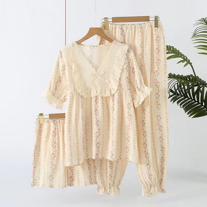 91家纺网 家纺一手货源 找家纺 （总）洛兰沙家居馆【只代发】【只代发】 2024新款温柔女碎花纯棉棉纱宽松双层纱布家居服半袖长裤三件套