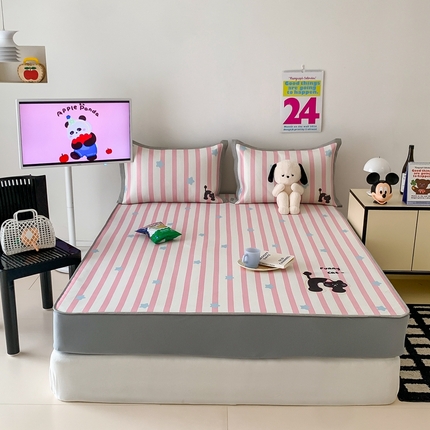 昔可家纺 2024新款大版数码印花冰藤席床笠款 粉条黑猫