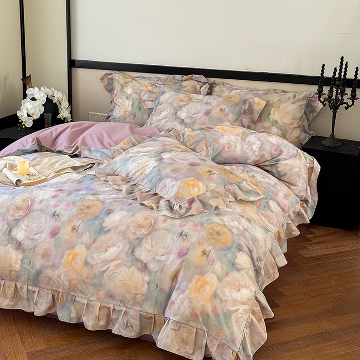 91家纺网 家纺一手货源 找家纺 窝米 2024春夏13376法式复古大花边数码款四件套系列 落梅-紫