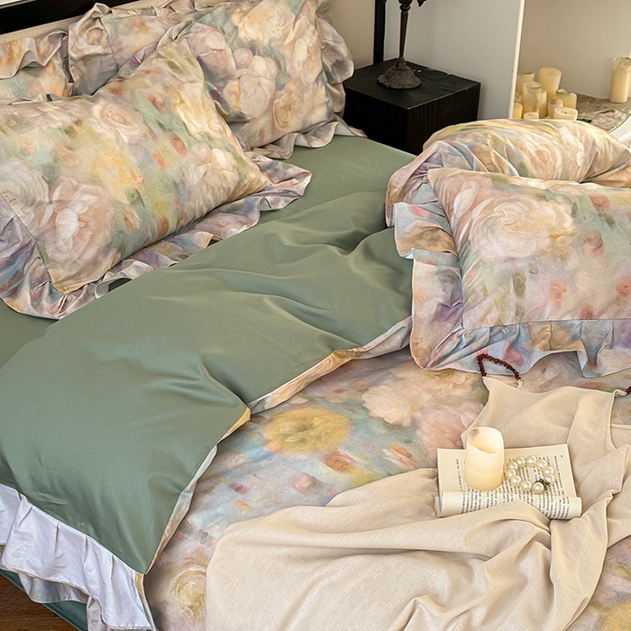 91家纺网 家纺一手货源 找家纺 窝米 2024春夏13376法式复古大花边数码款四件套系列 落梅-绿