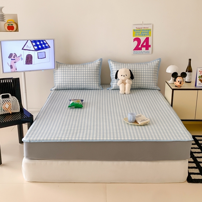 91家纺网 家纺一手货源 找家纺 昔可家纺 2024新款冰藤席床笠款--简约系列 格子蓝