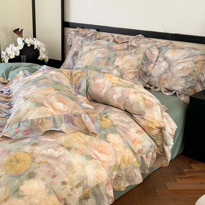 91家纺网 家纺一手货源 找家纺 窝米 2024春夏13376法式复古大花边数码款四件套系列 落梅-绿