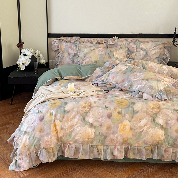 91家纺网 家纺一手货源 找家纺 窝米 2024春夏13376法式复古大花边数码款四件套系列 落梅-绿