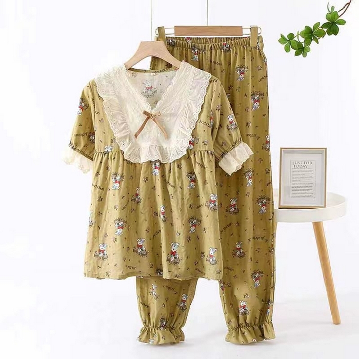 91家纺网 家纺一手货源 找家纺 （总）洛兰沙家居馆【只代发】【只代发】 2024新款睡衣套装秋季长袖居家外穿黄碎花长袖长裤