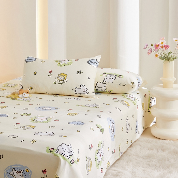 91家纺网 家纺一手货源 找家纺 怡家居 2024新款A类老粗布枕套床单床笠单品组合三件套 好心情