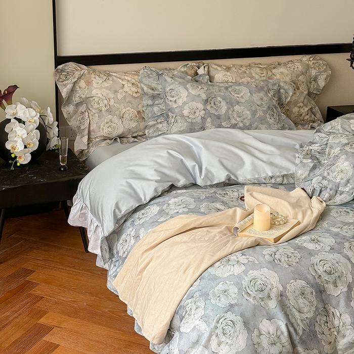 91家纺网 家纺一手货源 找家纺 窝米 2024春夏13376法式复古大花边数码款四件套系列 芙朵-绿