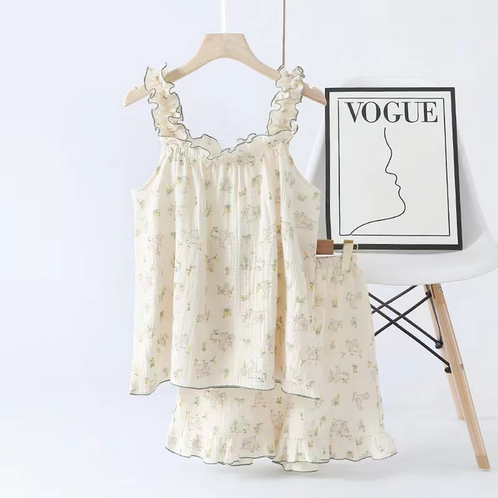 91家纺网 家纺一手货源 找家纺 洛兰沙家居馆【只代发】【只代发】 2024新款夏季绉布吊带套装 田园兔